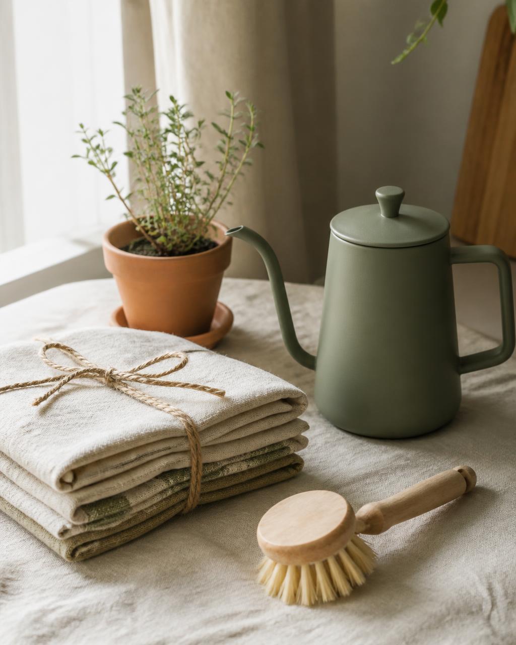 A sage-green ceramic pour-over kettle, folded linen tea towels, a terracotta pot with fresh herbs and a bamboo dish brush on a cream linen surface